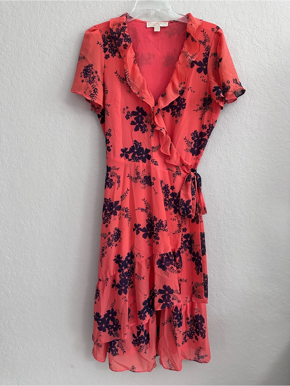 MICHAEL Michael Kors Coral Wrap Midi Dress Navy Floral Print Size Medium